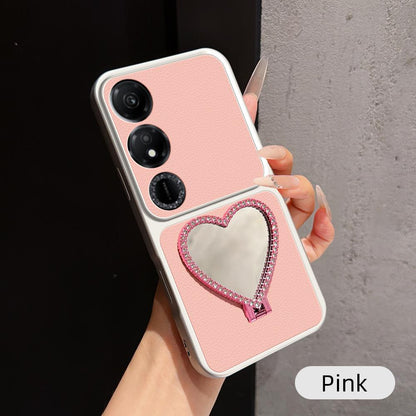 For Honor Play 40 Lambskin Series Skin Feel Shockproof Phone Case with Heart Mirror Holder(Pink)
