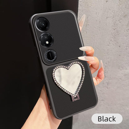For Honor Play 40 Lambskin Series Skin Feel Shockproof Phone Case with Heart Mirror Holder(Black)