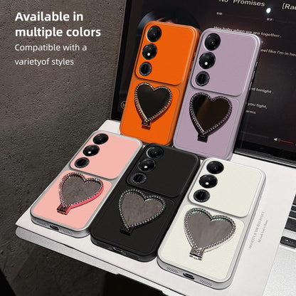 For Honor Play 40 Lambskin Series Skin Feel Shockproof Phone Case with Heart Mirror Holder(Black)
