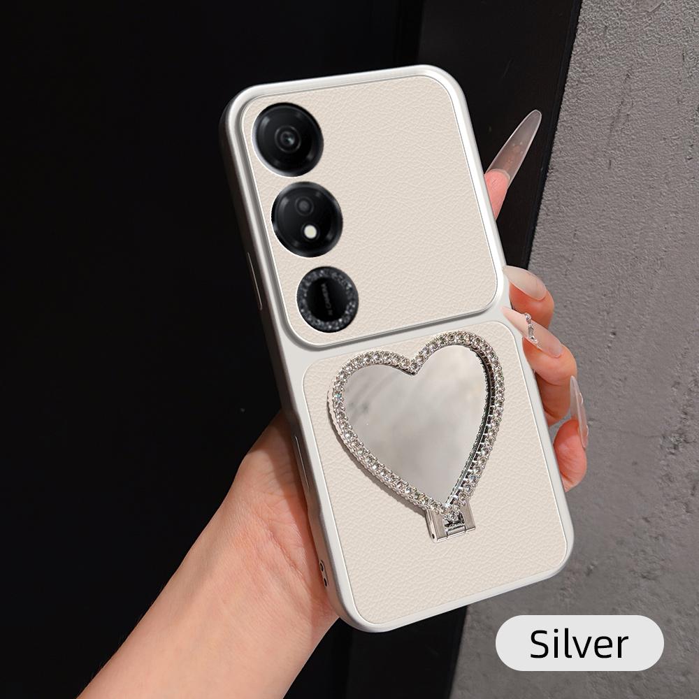For Honor Play 40 Lambskin Series Skin Feel Shockproof Phone Case with Heart Mirror Holder(Silver)