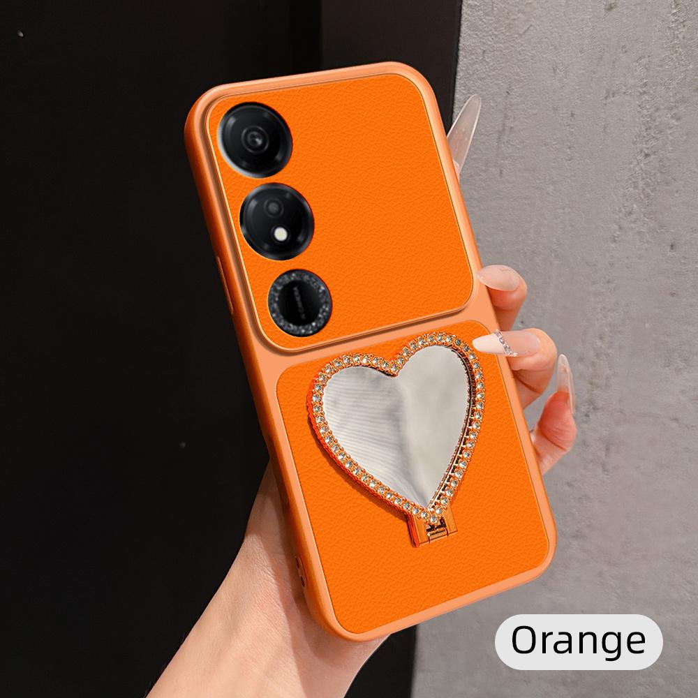 For Honor Play 40 Lambskin Series Skin Feel Shockproof Phone Case with Heart Mirror Holder(Orange)