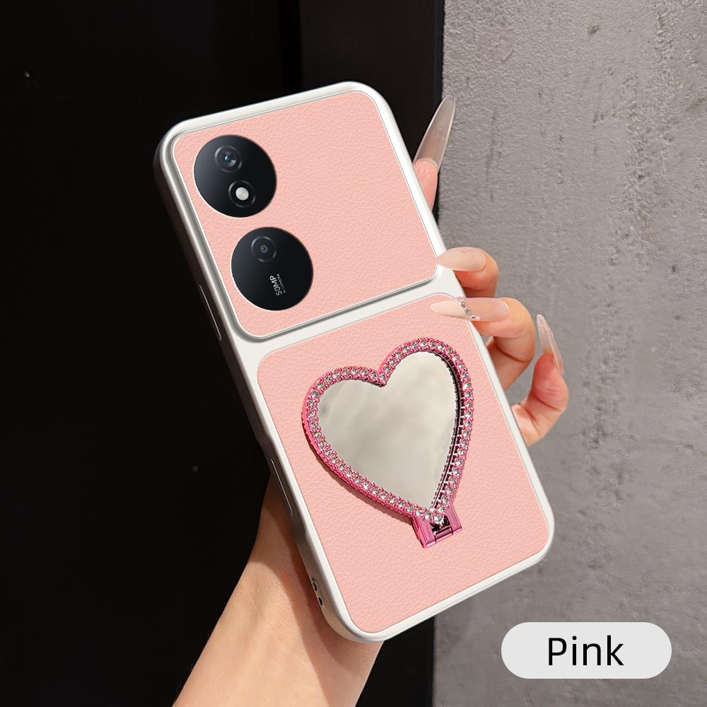 For Honor Play 50 Plus Lambskin Series Skin Feel Shockproof Phone Case with Heart Mirror Holder(Pink)