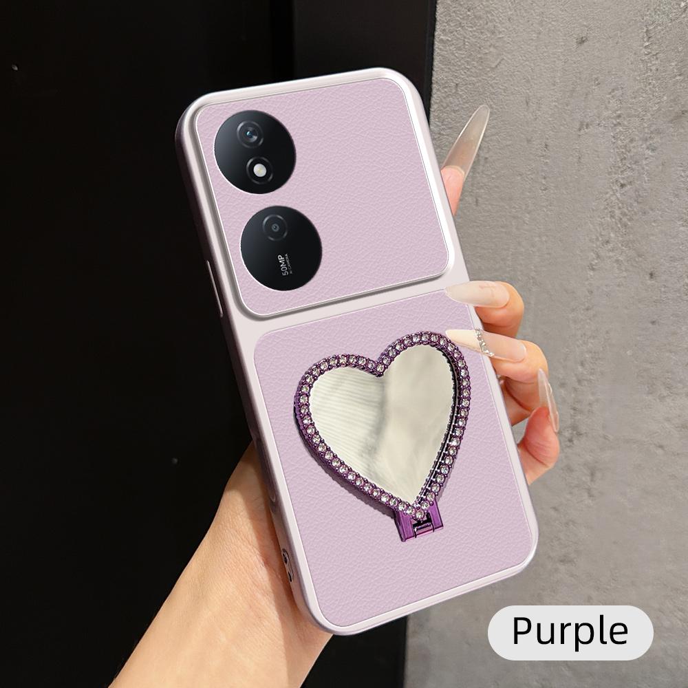 For Honor Play 50 Plus Lambskin Series Skin Feel Shockproof Phone Case with Heart Mirror Holder(Purple)