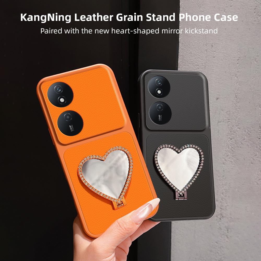 For Honor Play 50 Plus Lambskin Series Skin Feel Shockproof Phone Case with Heart Mirror Holder(Black)