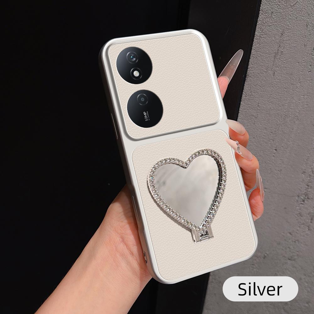 For Honor Play 50 Plus Lambskin Series Skin Feel Shockproof Phone Case with Heart Mirror Holder(Silver)