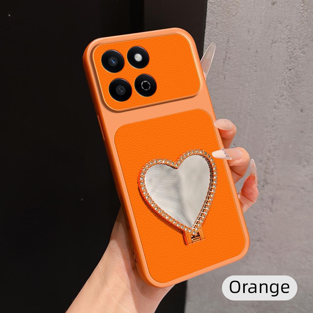 For Honor Play 60 Plus Lambskin Series Skin Feel Shockproof Phone Case with Heart Mirror Holder(Orange)