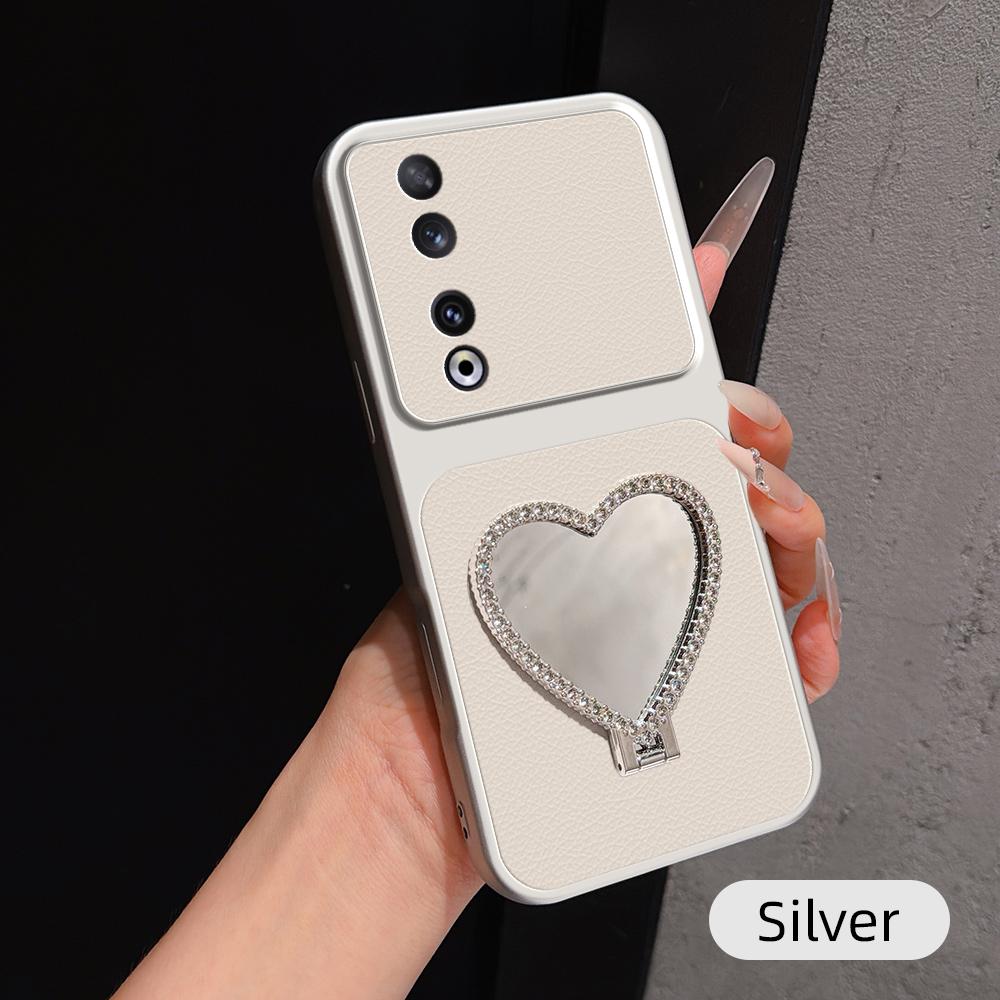 For Honor 90 Lambskin Series Skin Feel Shockproof Phone Case with Heart Mirror Holder(Silver)
