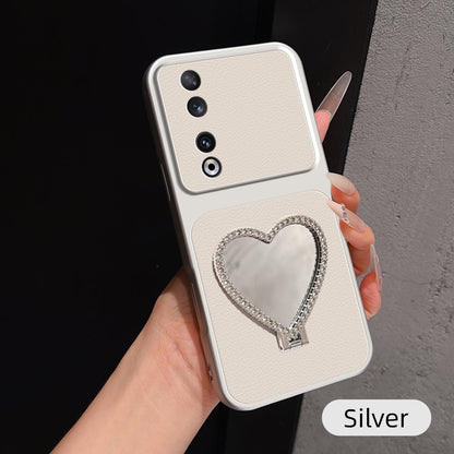 For Honor 90 Lambskin Series Skin Feel Shockproof Phone Case with Heart Mirror Holder(Silver)