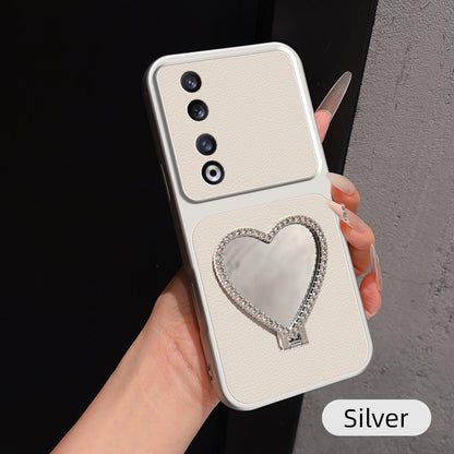 For Honor 90 Pro Lambskin Series Skin Feel Shockproof Phone Case with Heart Mirror Holder(Silver)