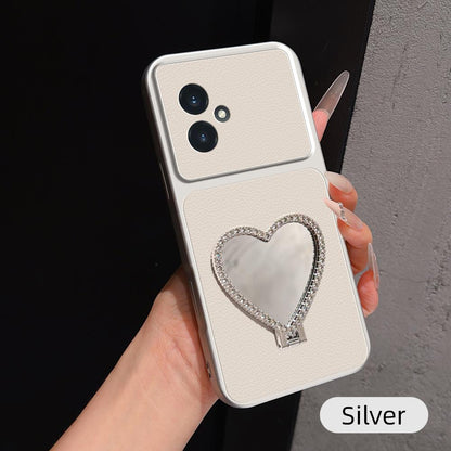 For Honor 100 Lambskin Series Skin Feel Shockproof Phone Case with Heart Mirror Holder(Silver)