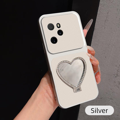 For Honor 100 Pro Lambskin Series Skin Feel Shockproof Phone Case with Heart Mirror Holder(Silver)