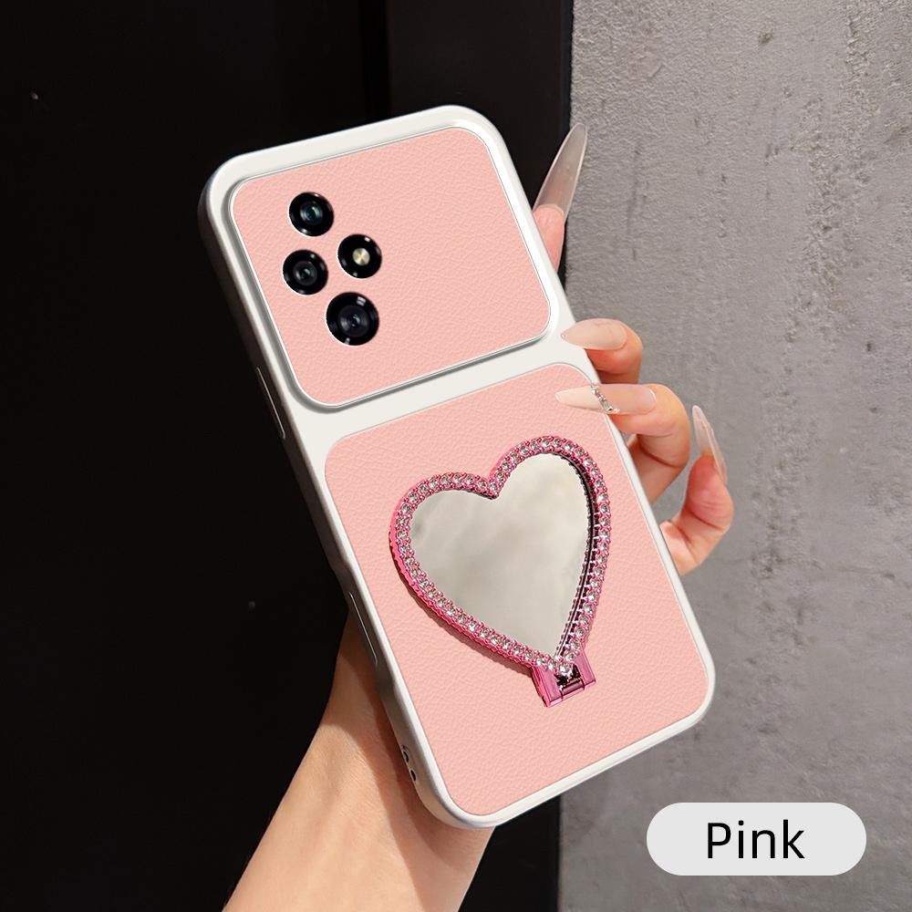 For Honor 200 Lambskin Series Skin Feel Shockproof Phone Case with Heart Mirror Holder(Pink)