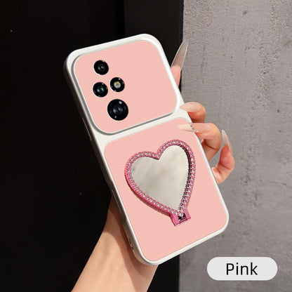 For Honor 200 Pro Lambskin Series Skin Feel Shockproof Phone Case with Heart Mirror Holder(Pink)