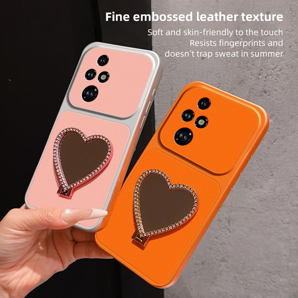 For Honor 200 Pro Lambskin Series Skin Feel Shockproof Phone Case with Heart Mirror Holder(Pink)