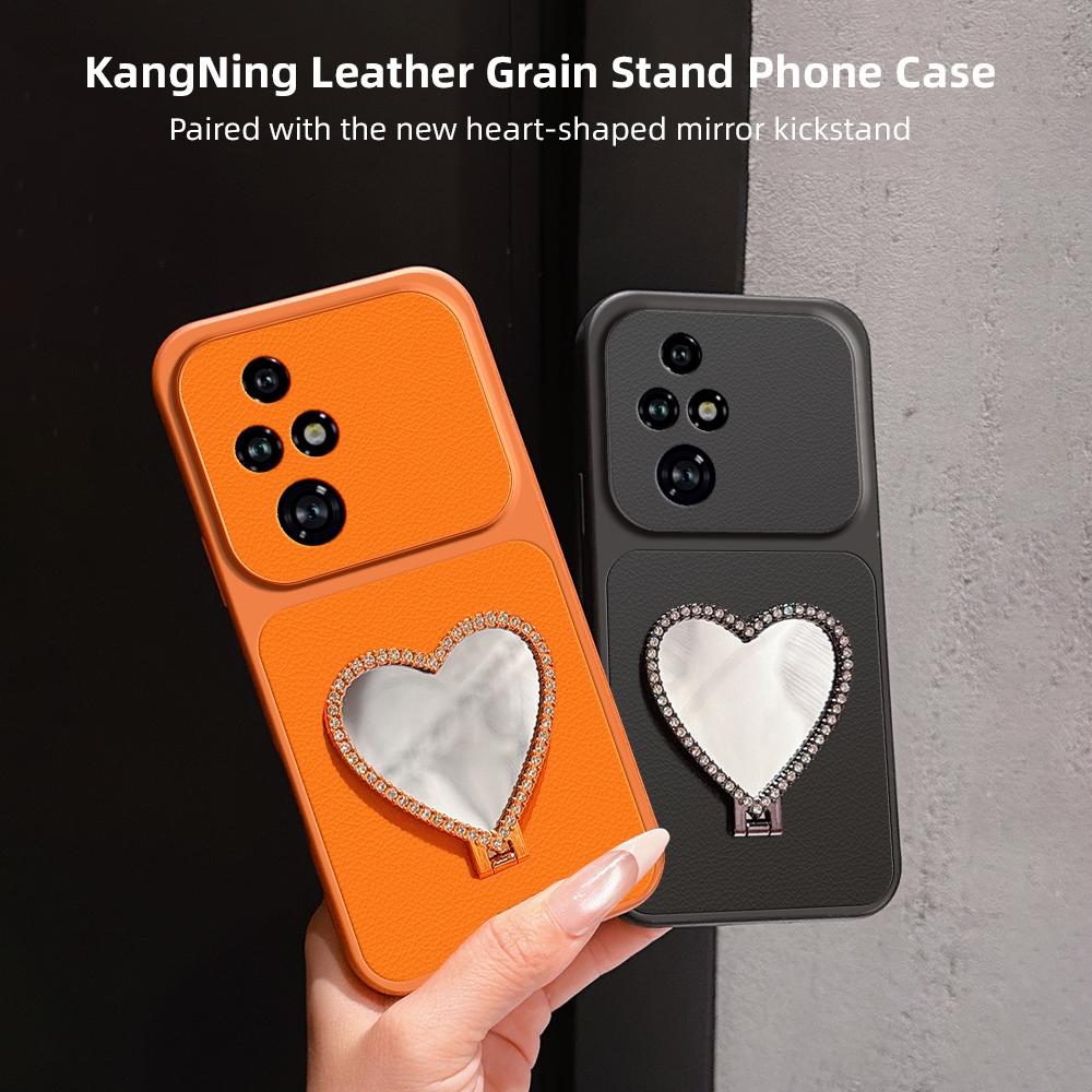 For Honor 200 Pro Lambskin Series Skin Feel Shockproof Phone Case with Heart Mirror Holder(Silver)