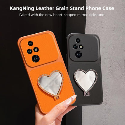 For Honor 200 Pro Lambskin Series Skin Feel Shockproof Phone Case with Heart Mirror Holder(Silver)