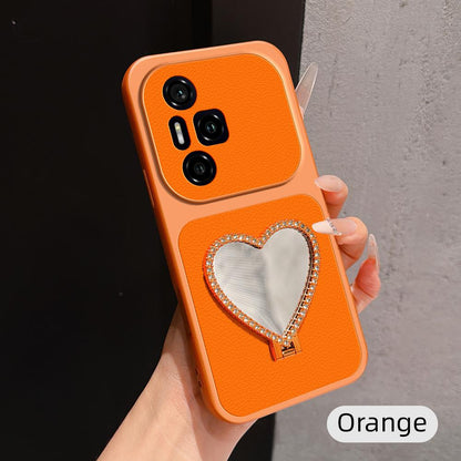 For Honor 300 Pro Lambskin Series Skin Feel Shockproof Phone Case with Heart Mirror Holder(Orange)