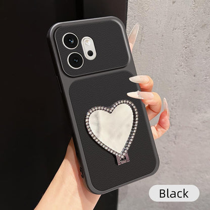 For Honor 600 Global Lambskin Series Skin Feel Shockproof Phone Case with Heart Mirror Holder(Black)