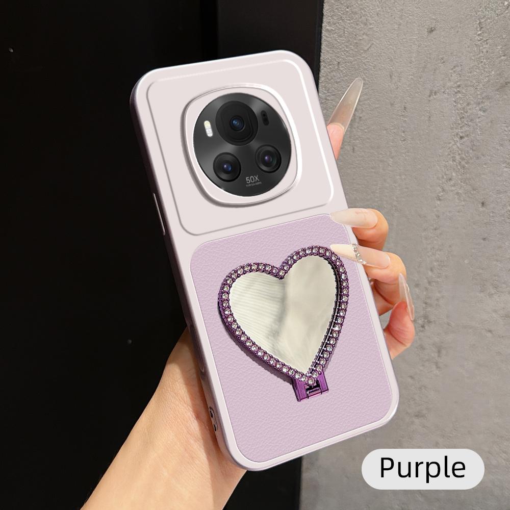 For Honor Magic6 Lambskin Series Skin Feel Shockproof Phone Case with Heart Mirror Holder(Purple)