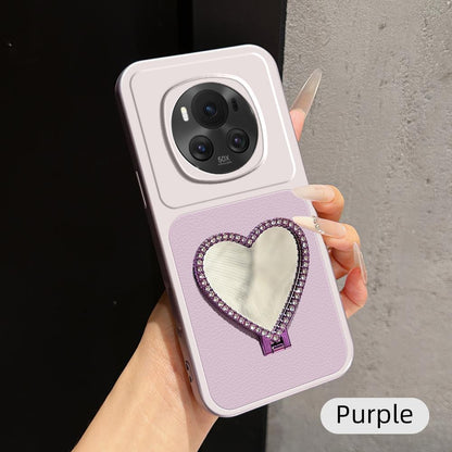 For Honor Magic6 Lambskin Series Skin Feel Shockproof Phone Case with Heart Mirror Holder(Purple)