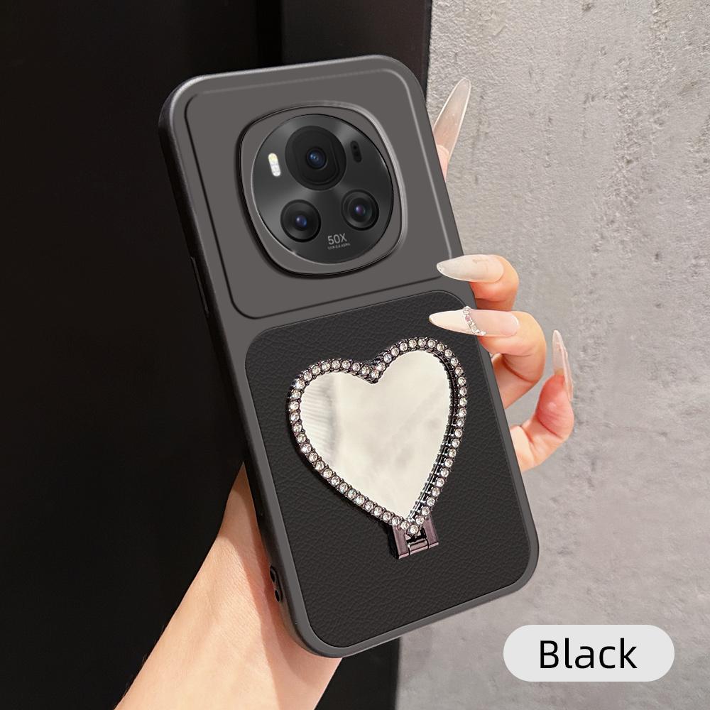 For Honor Magic6 Lambskin Series Skin Feel Shockproof Phone Case with Heart Mirror Holder(Black)