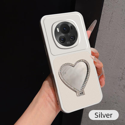 For Honor Magic6 Lambskin Series Skin Feel Shockproof Phone Case with Heart Mirror Holder(Silver)