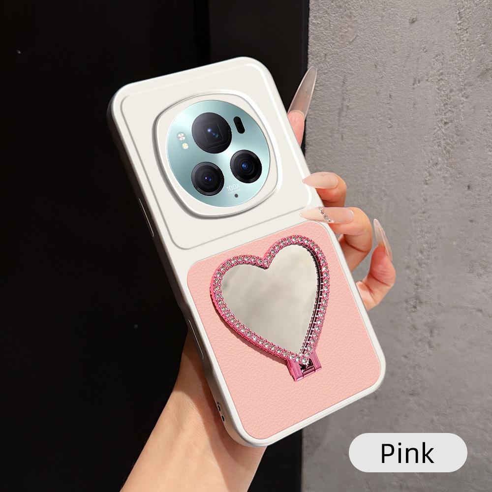 For Honor Magic6 Pro Lambskin Series Skin Feel Shockproof Phone Case with Heart Mirror Holder(Pink)