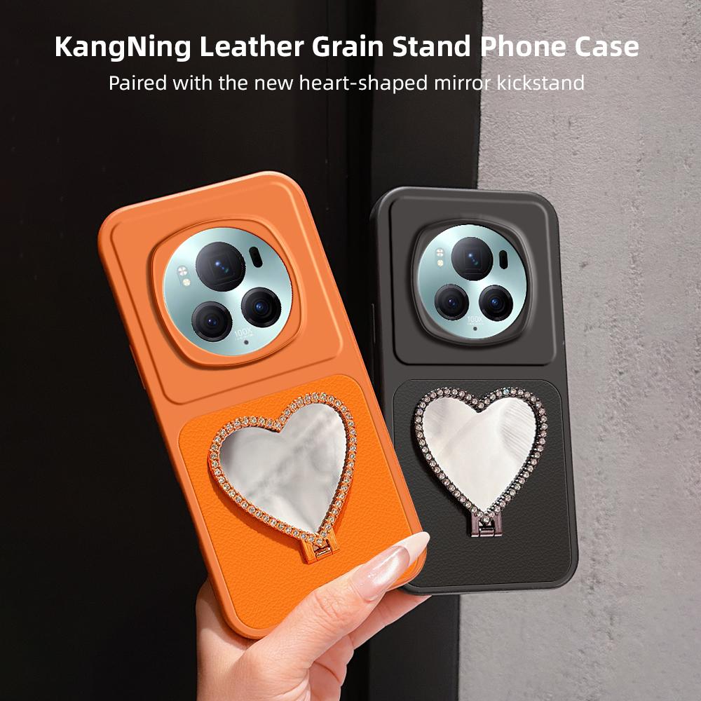 For Honor Magic6 Pro Lambskin Series Skin Feel Shockproof Phone Case with Heart Mirror Holder(Black)