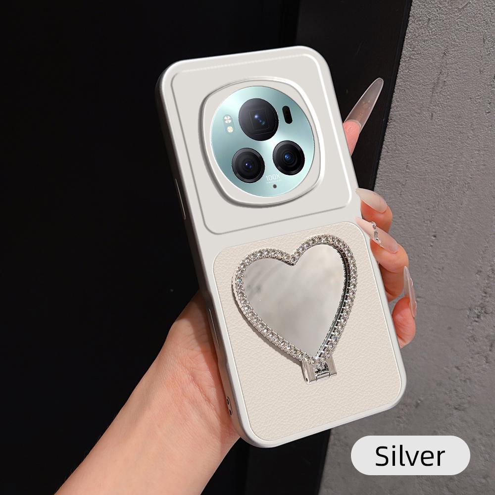 For Honor Magic6 Pro Lambskin Series Skin Feel Shockproof Phone Case with Heart Mirror Holder(Silver)