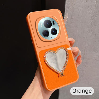 For Honor Magic6 Pro Lambskin Series Skin Feel Shockproof Phone Case with Heart Mirror Holder(Orange)