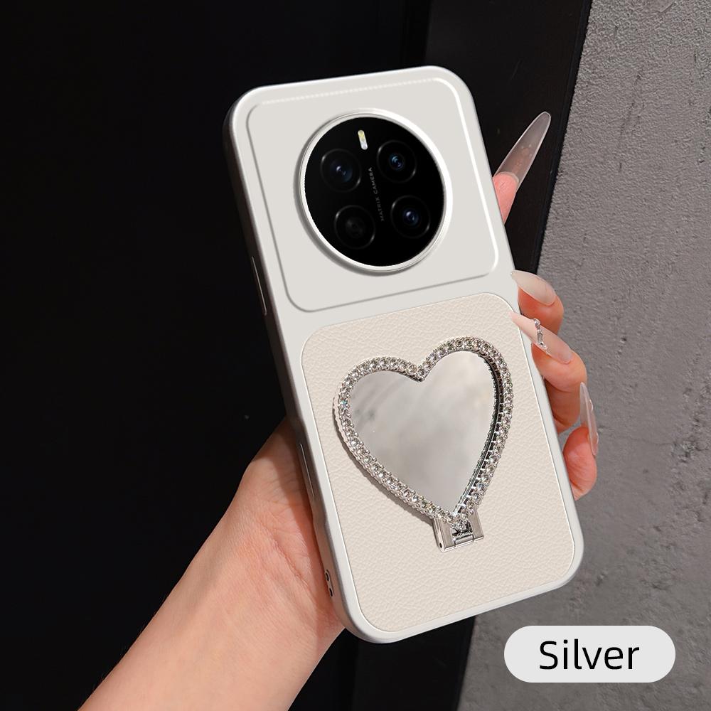 For Honor Magic7 Lambskin Series Skin Feel Shockproof Phone Case with Heart Mirror Holder(Silver)