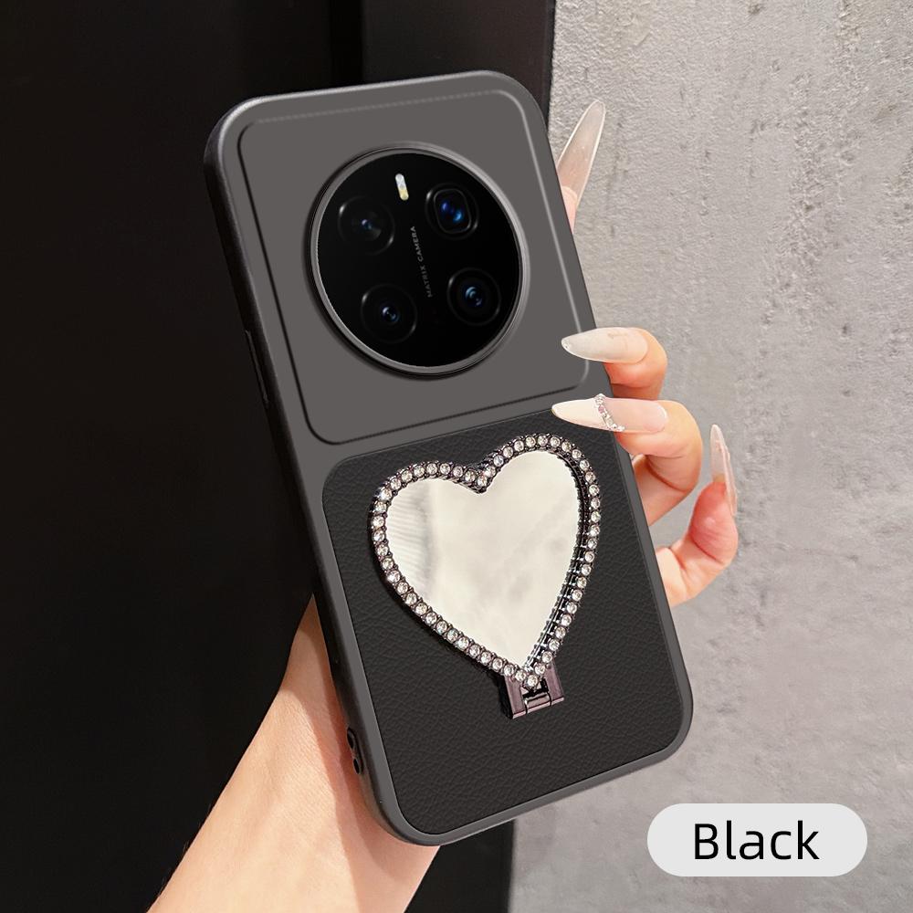 For Honor Magic7 Pro Lambskin Series Skin Feel Shockproof Phone Case with Heart Mirror Holder(Black)