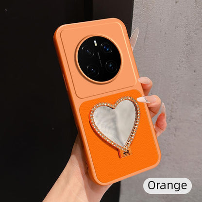 For Honor Magic7 Pro Lambskin Series Skin Feel Shockproof Phone Case with Heart Mirror Holder(Orange)