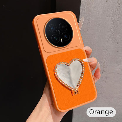 For Honor Magic8 Lambskin Series Skin Feel Shockproof Phone Case with Heart Mirror Holder(Orange)