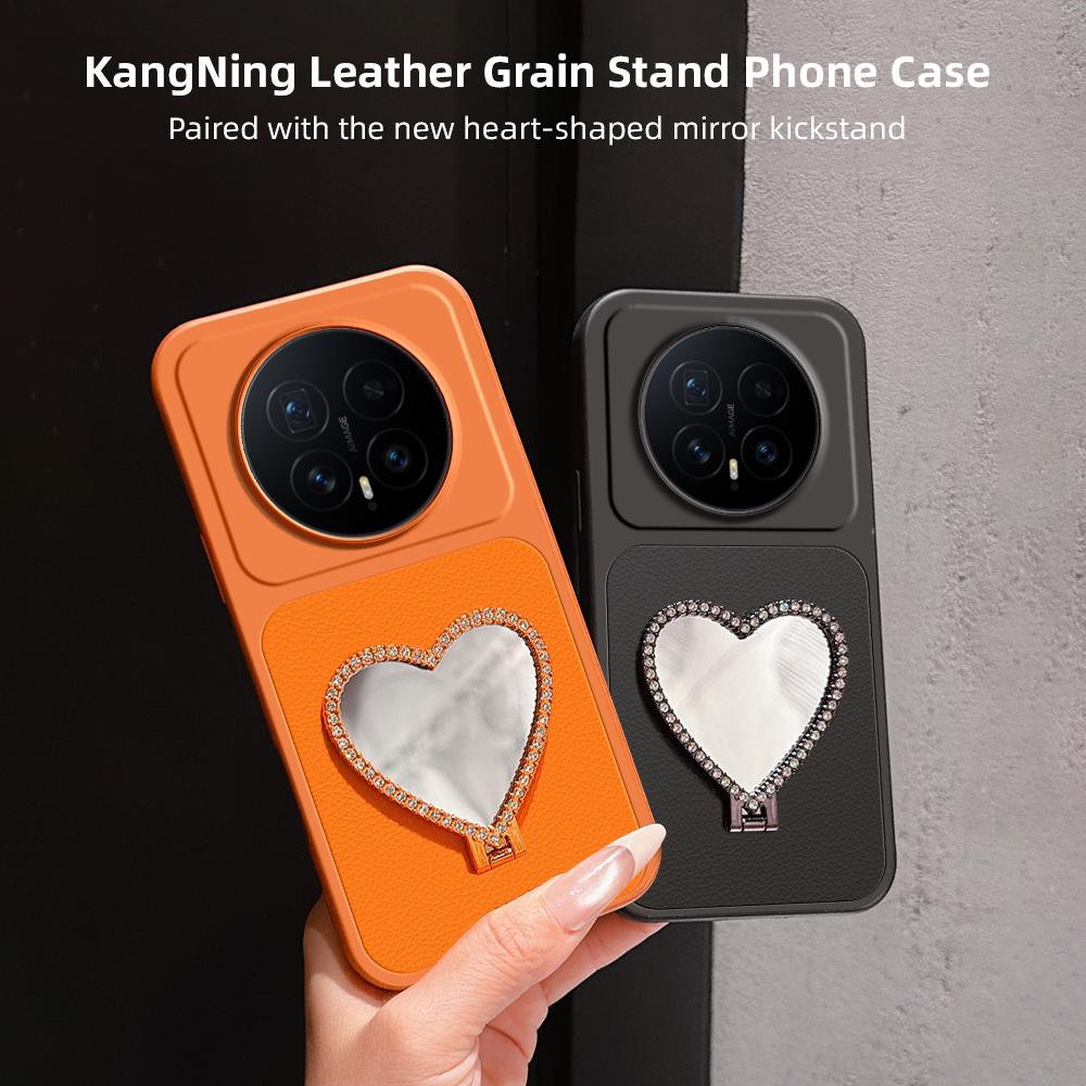For Honor Magic8 Lambskin Series Skin Feel Shockproof Phone Case with Heart Mirror Holder(Orange)
