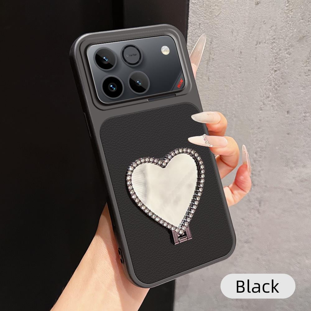 For Honor Win 5G Lambskin Series Skin Feel Shockproof Phone Case with Heart Mirror Holder(Black)