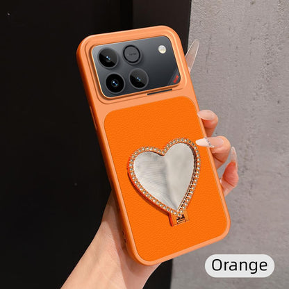 For Honor Win 5G Lambskin Series Skin Feel Shockproof Phone Case with Heart Mirror Holder(Orange)