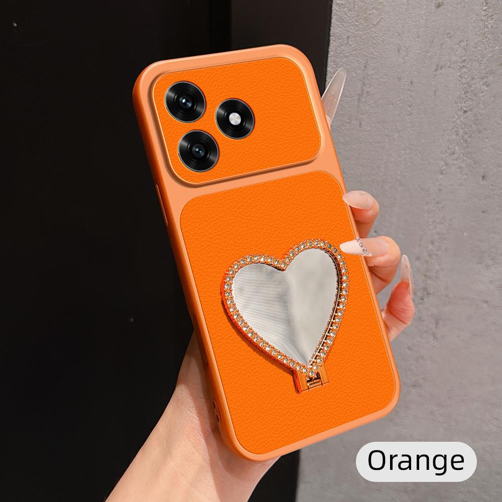 For Honor X5c 4G Lambskin Series Skin Feel Shockproof Phone Case with Heart Mirror Holder(Orange)