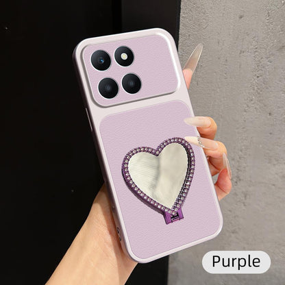 For Honor X6a Lambskin Series Skin Feel Shockproof Phone Case with Heart Mirror Holder(Purple)