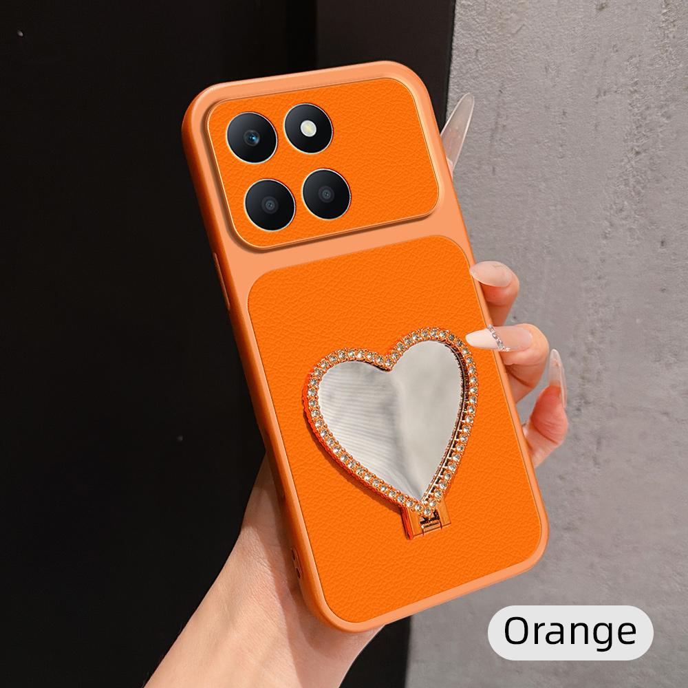 For Honor X6a Lambskin Series Skin Feel Shockproof Phone Case with Heart Mirror Holder(Orange)