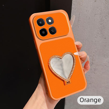For Honor X6c 4G Lambskin Series Skin Feel Shockproof Phone Case with Heart Mirror Holder(Orange)
