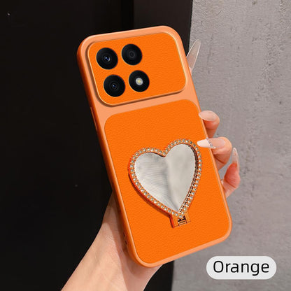 For Honor X8a Lambskin Series Skin Feel Shockproof Phone Case with Heart Mirror Holder(Orange)