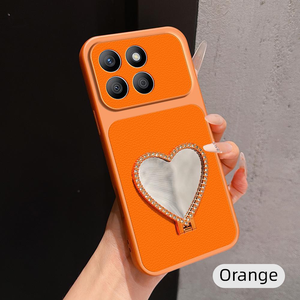 For Honor X8b Lambskin Series Skin Feel Shockproof Phone Case with Heart Mirror Holder(Orange)