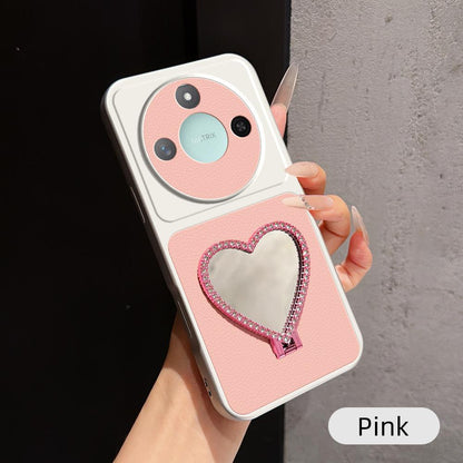 For Honor X60 Lambskin Series Skin Feel Shockproof Phone Case with Heart Mirror Holder(Pink)