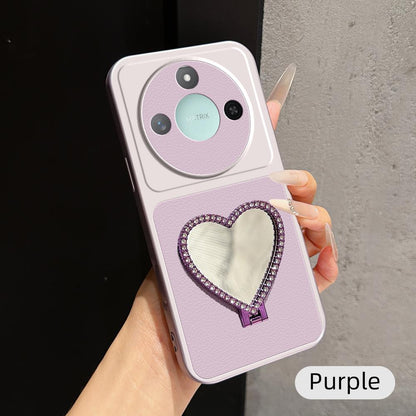 For Honor X60 Lambskin Series Skin Feel Shockproof Phone Case with Heart Mirror Holder(Purple)
