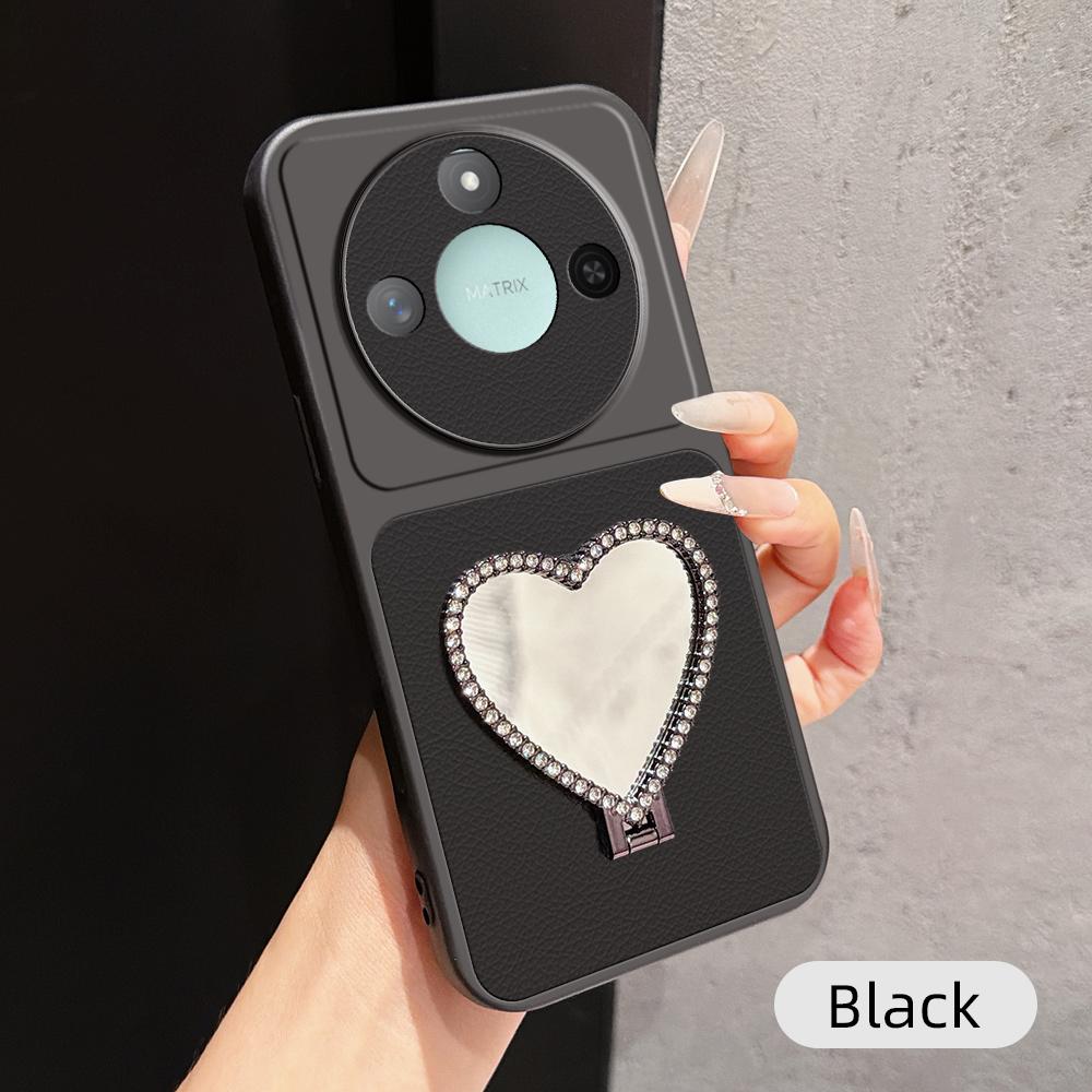 For Honor X60 Lambskin Series Skin Feel Shockproof Phone Case with Heart Mirror Holder(Black)