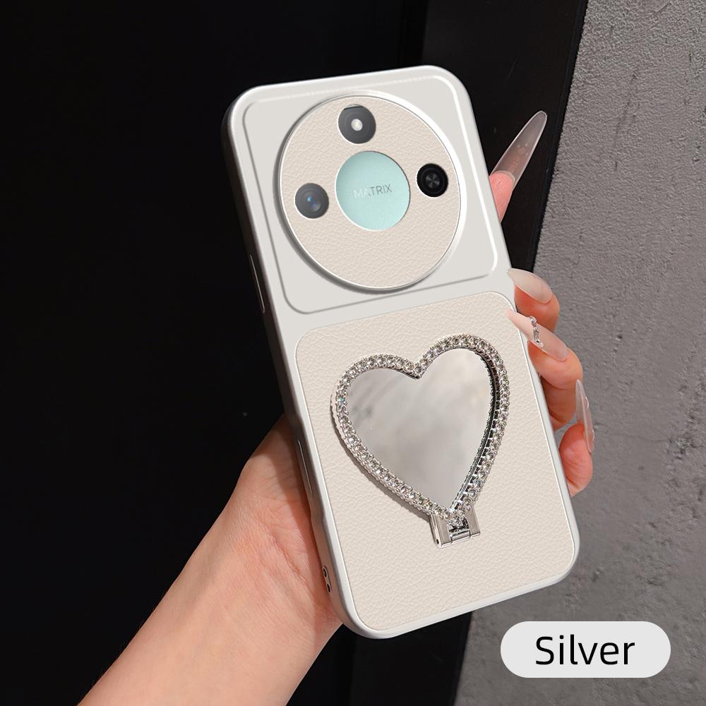 For Honor X60 Lambskin Series Skin Feel Shockproof Phone Case with Heart Mirror Holder(Silver)