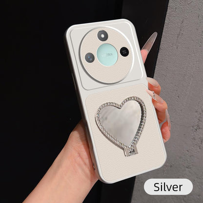 For Honor X60 Lambskin Series Skin Feel Shockproof Phone Case with Heart Mirror Holder(Silver)