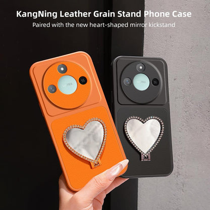 For Honor X60 Lambskin Series Skin Feel Shockproof Phone Case with Heart Mirror Holder(Silver)