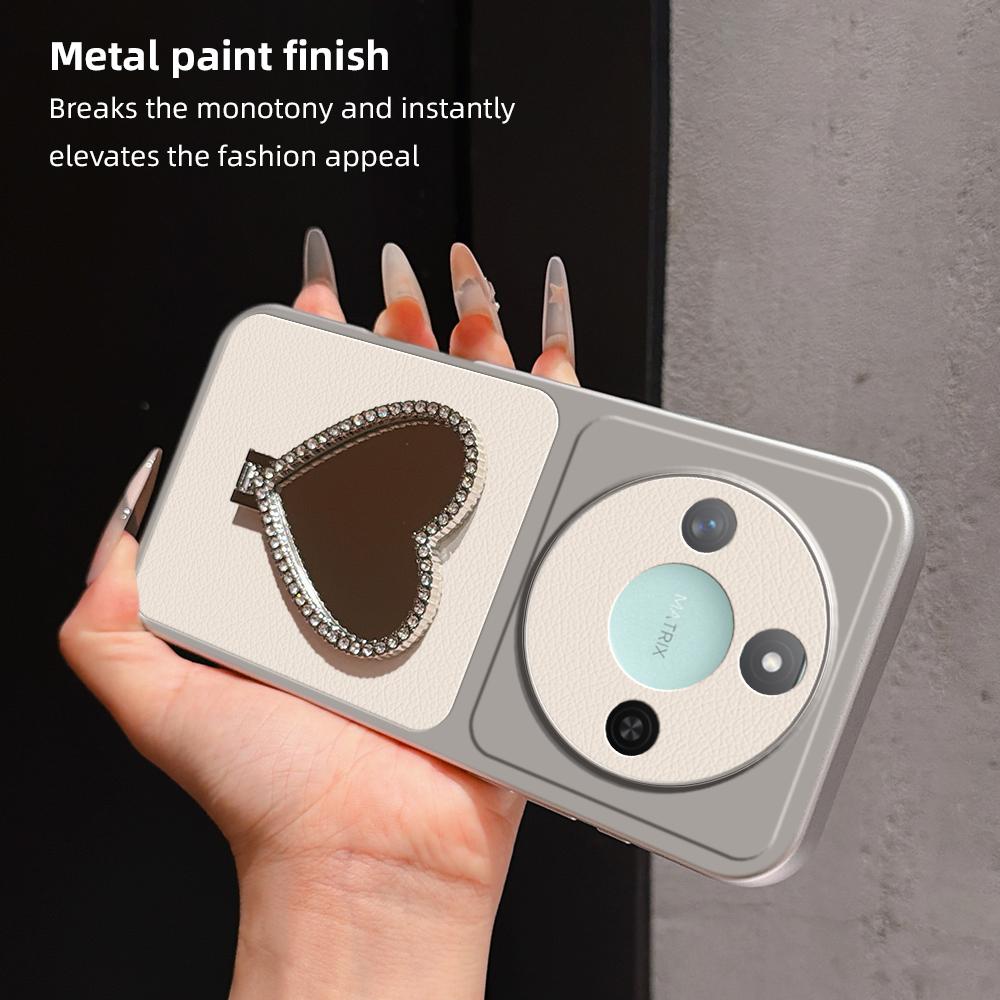 For Honor X60 Lambskin Series Skin Feel Shockproof Phone Case with Heart Mirror Holder(Silver)
